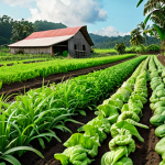 **Lush organic farm with diverse crops:** Depict a vibrant Malaysian farm using composting and cover crops. Show a mix of vegetables, fruits, and legumes growing together. Illustrate healthy soil and thriving plants, with a focus on natural fertility.