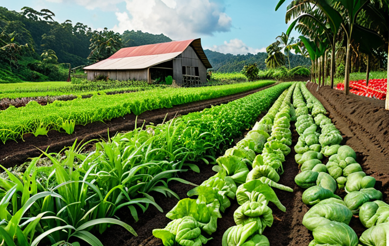 **Lush organic farm with diverse crops:** Depict a vibrant Malaysian farm using composting and cover crops. Show a mix of vegetables, fruits, and legumes growing together. Illustrate healthy soil and thriving plants, with a focus on natural fertility.