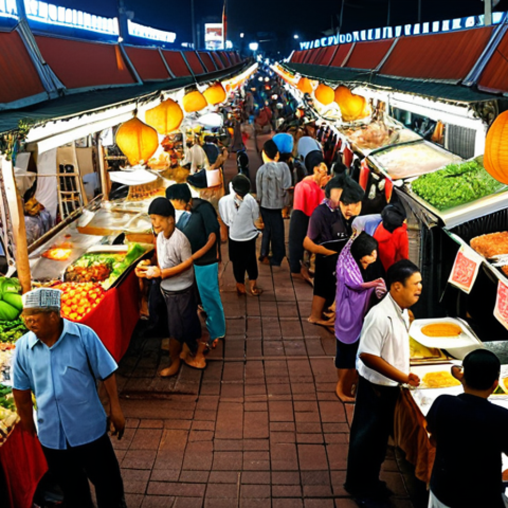 **

A bustling Malaysian *pasar malam* (night market) scene. Focus on diverse food stalls with vendors selling local delicacies. Include happy shoppers, emphasizing the availability of fresh produce and prepared meals. Reflect the cultural vibrancy and community interaction. Consider the use of vibrant colors and a slightly wide angle to capture the market's atmosphere.

**