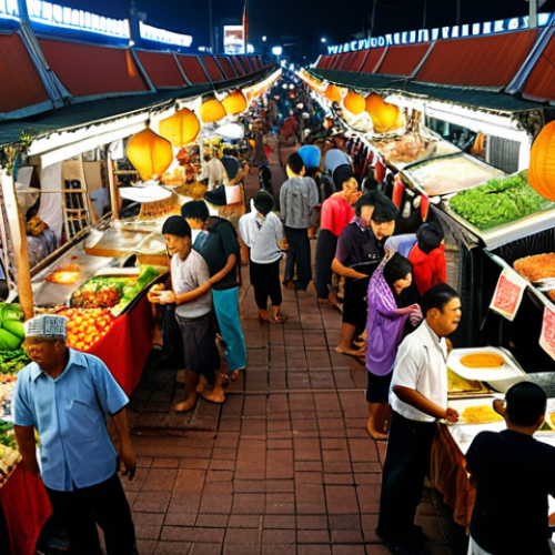 **

A bustling Malaysian *pasar malam* (night market) scene. Focus on diverse food stalls with vendors selling local delicacies. Include happy shoppers, emphasizing the availability of fresh produce and prepared meals. Reflect the cultural vibrancy and community interaction. Consider the use of vibrant colors and a slightly wide angle to capture the market's atmosphere.

**