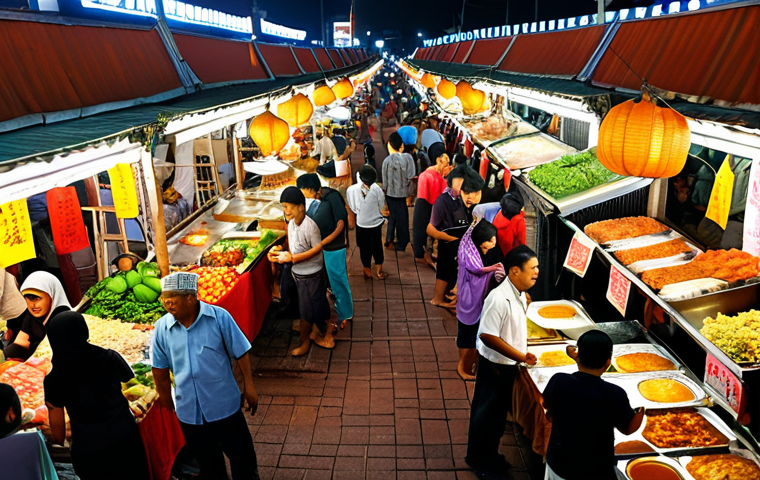 **

A bustling Malaysian *pasar malam* (night market) scene. Focus on diverse food stalls with vendors selling local delicacies. Include happy shoppers, emphasizing the availability of fresh produce and prepared meals. Reflect the cultural vibrancy and community interaction. Consider the use of vibrant colors and a slightly wide angle to capture the market's atmosphere.

**