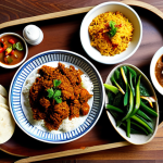 Modern Malaysian Meal Featuring Plant-Based Rendang**

"A vibrant Malaysian feast on a wooden table, featuring plant-based rendang served with fragrant nasi lemak and colorful vegetable dishes. The rendang is made with realistic-looking meat substitute chunks. The scene is well-lit, emphasizing the textures and colors of the food.  Family-friendly setting, appropriate content, fully clothed participants enjoying the meal, professional food photography, safe for work, high quality, natural pose."

**