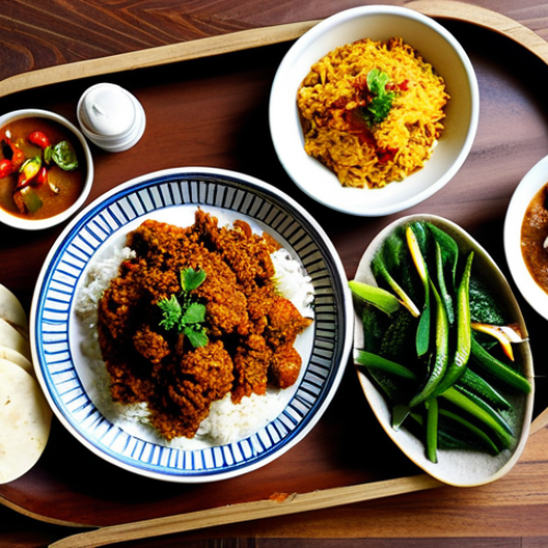 Modern Malaysian Meal Featuring Plant-Based Rendang**

"A vibrant Malaysian feast on a wooden table, featuring plant-based rendang served with fragrant nasi lemak and colorful vegetable dishes. The rendang is made with realistic-looking meat substitute chunks. The scene is well-lit, emphasizing the textures and colors of the food.  Family-friendly setting, appropriate content, fully clothed participants enjoying the meal, professional food photography, safe for work, high quality, natural pose."

**