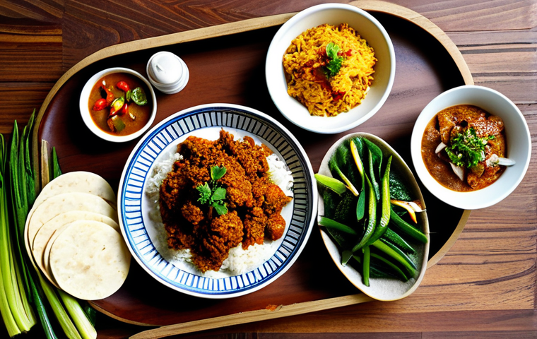 Modern Malaysian Meal Featuring Plant-Based Rendang**

"A vibrant Malaysian feast on a wooden table, featuring plant-based rendang served with fragrant nasi lemak and colorful vegetable dishes. The rendang is made with realistic-looking meat substitute chunks. The scene is well-lit, emphasizing the textures and colors of the food.  Family-friendly setting, appropriate content, fully clothed participants enjoying the meal, professional food photography, safe for work, high quality, natural pose."

**